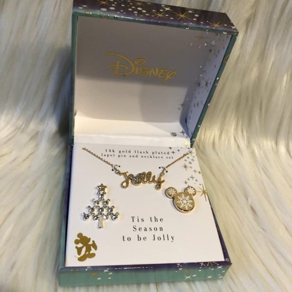 Disney Two-Tone Gold Minnie Mouse Crystal Pin & "Joy" Necklace Set - Picture 1 of 6